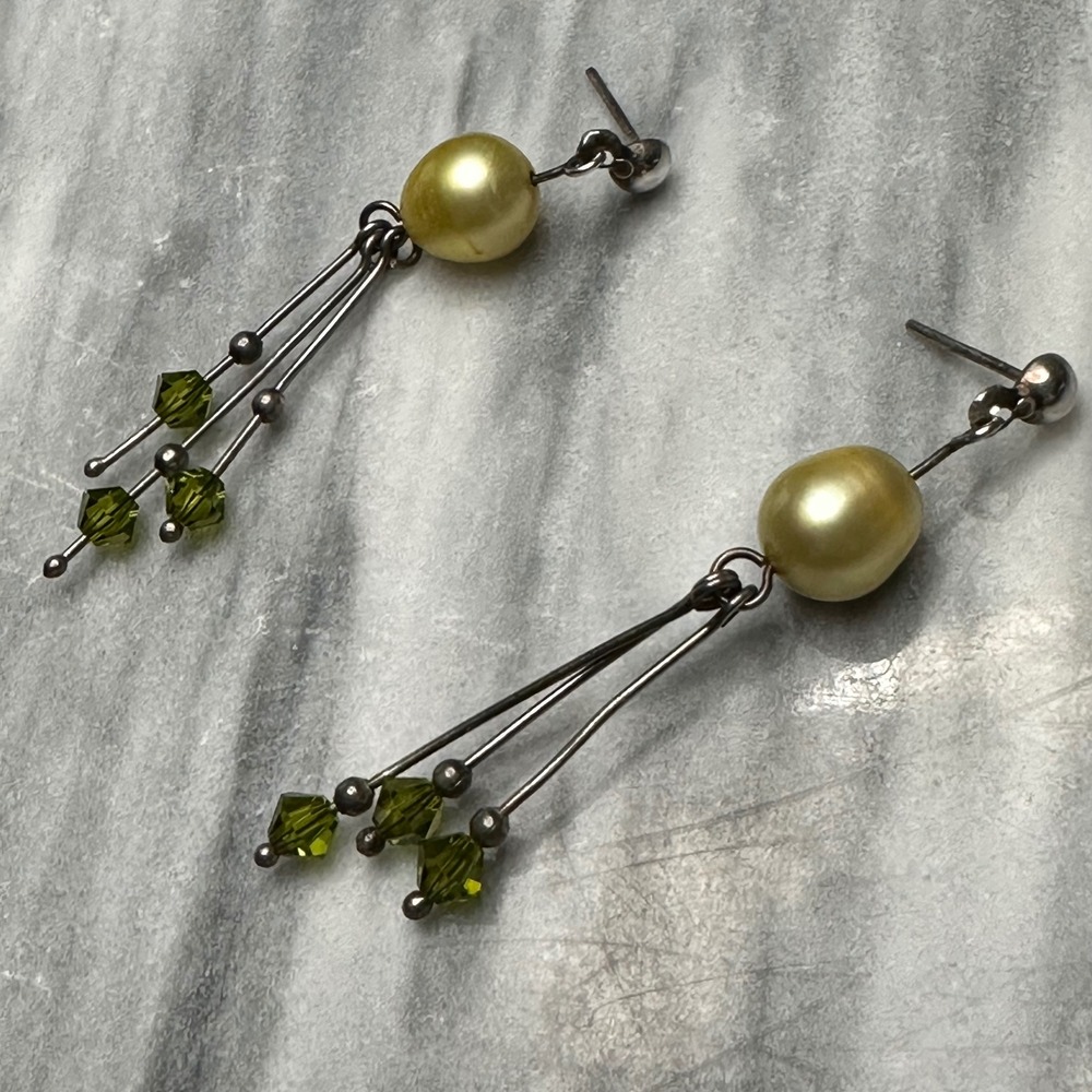 Golden Pearl Peridot Faceted Tassel Drop Earrings Sterling Silver Post‎
